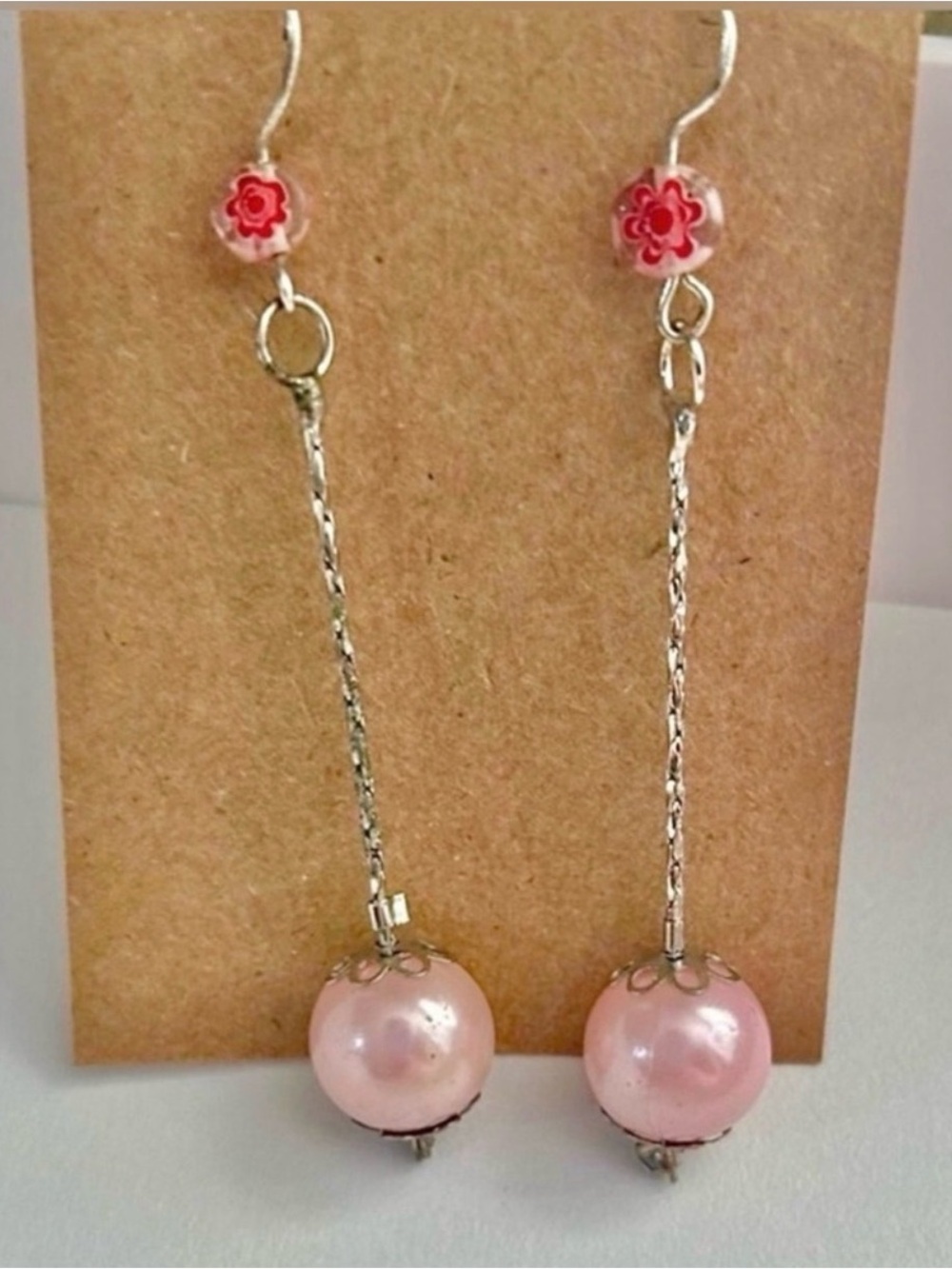 Vintage Murano Style Pink Faux Pearl Beaded Dangle Earrings Silver Tone - Picture 2 of 8